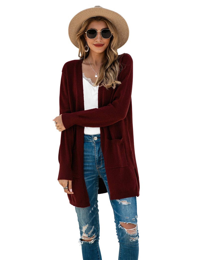 TASAMO Women's Loose Open Front Long Sleeve Solid Color Knit Cardigans Sweater Blouses with Packets (X-Large,Wine red) - Image 4